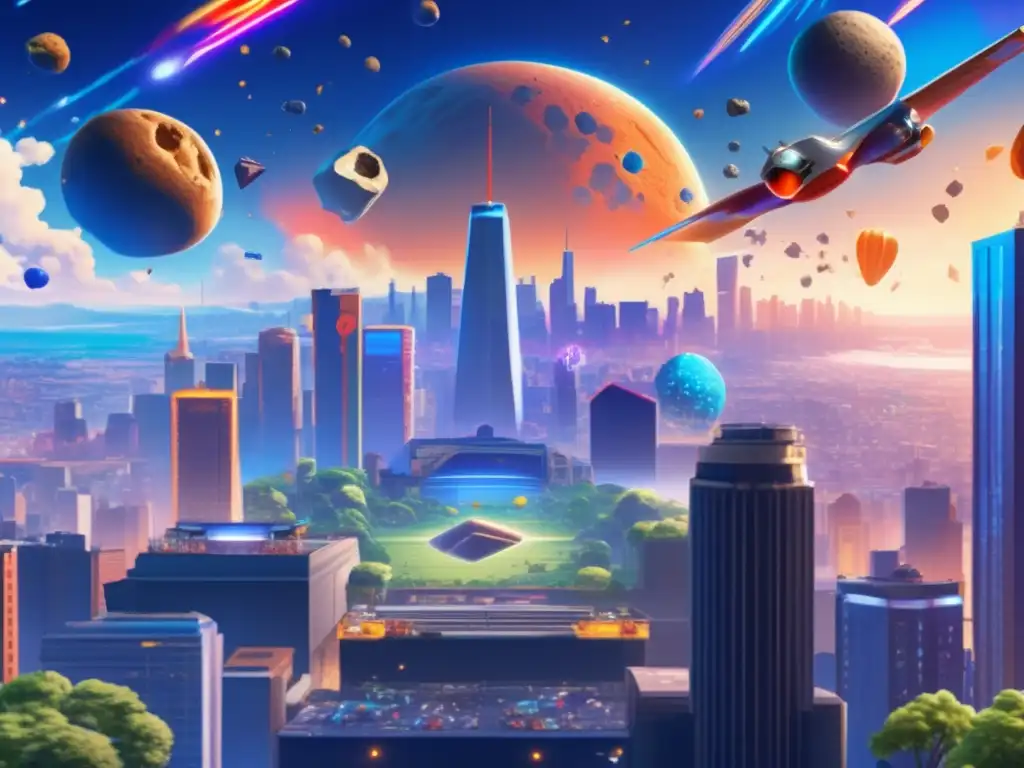 Influencia de meteoritos en la cultura pop: Ciudad vibrante con rascacielos, graffiti de personajes icónicos y asteroides brillantes