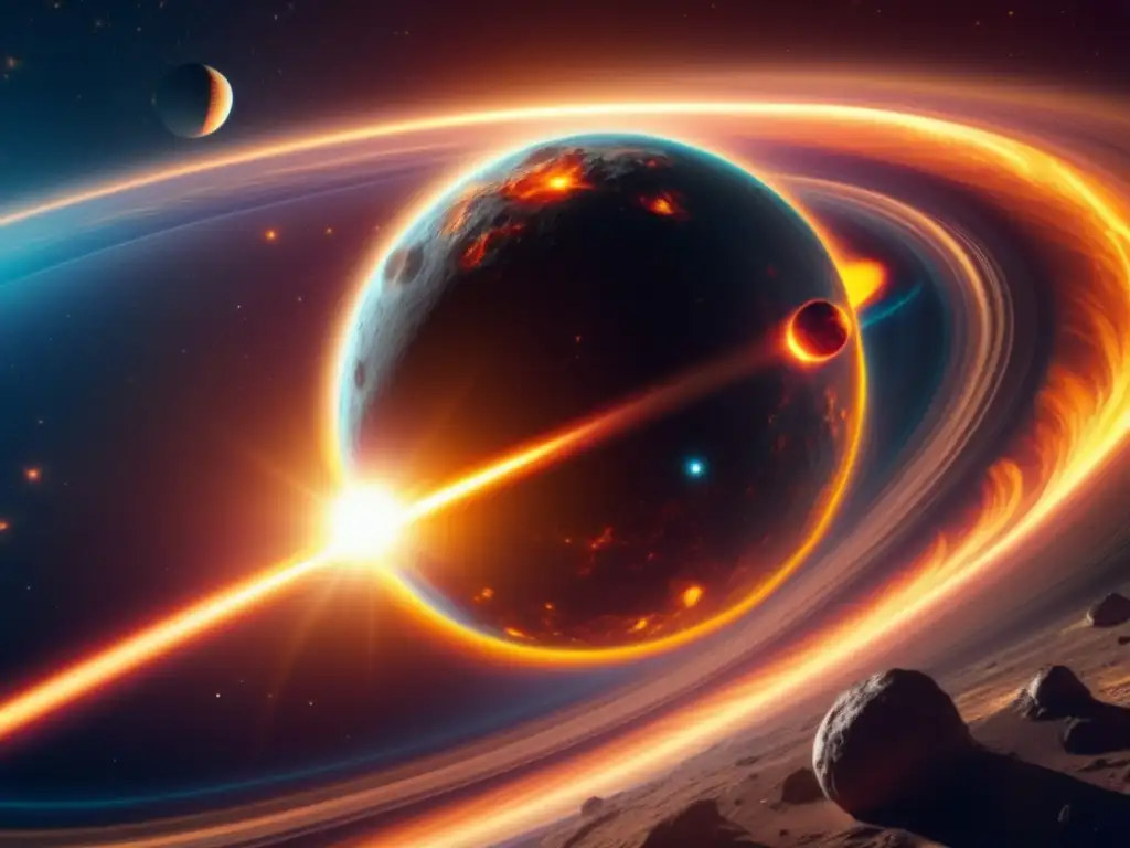 Influencia del Sol en órbitas de asteroides, imagen 8k detallada muestra escena dinámica en el espacio