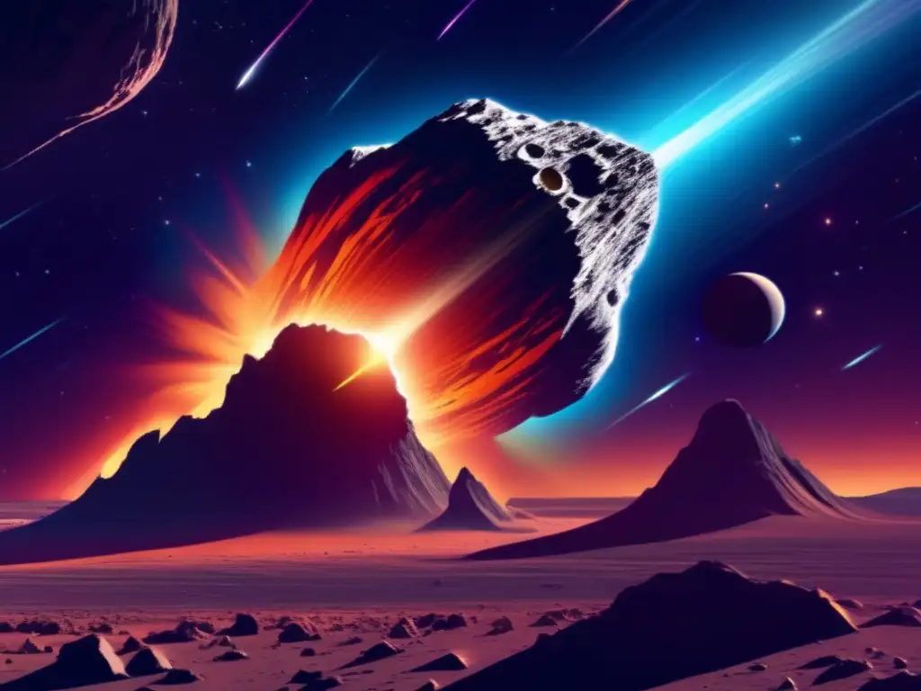 Influencia del Sol en órbitas asteroides: Escena cósmica con un asteroide masivo iluminado por el Sol