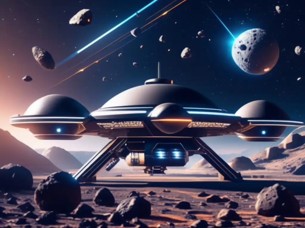 Infraestructura para minería en asteroides: Estación espacial futurista flotando entre asteroides, con tecnología avanzada y drones mineros