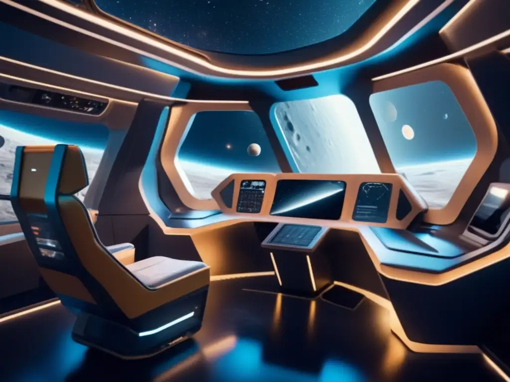 Interior de nave espacial futurista, diseño moderno y ventanales panorámicos