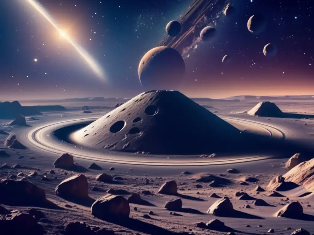 Legislación internacional propiedad asteroides en un universo estrellado con un campo de asteroides impresionante