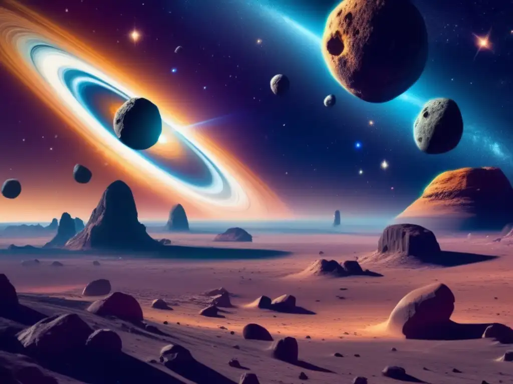 Tratados internacionales sobre asteroides: Imagen impresionante del espacio con asteroides flotando y galaxias coloridas
