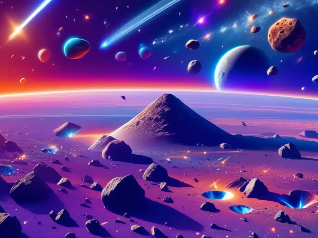Tratados internacionales sobre asteroides en un vasto y detallado paisaje espacial lleno de estrellas y asteroides de colores vibrantes