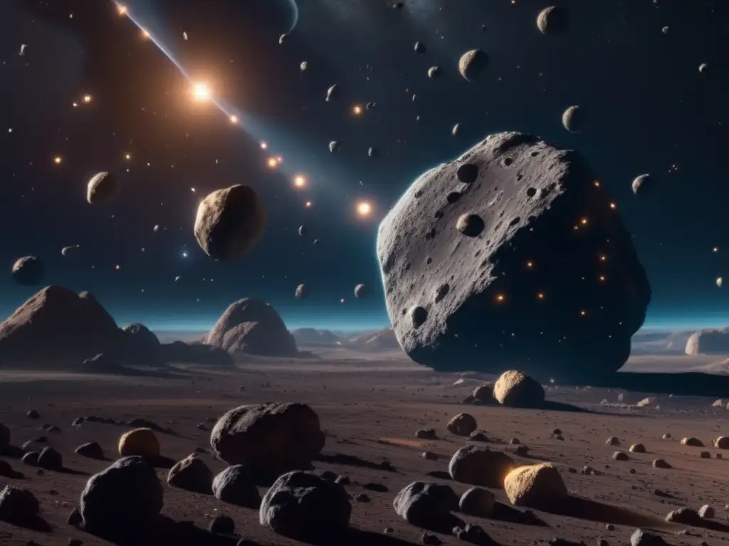 Tratados internacionales beneficios equidad asteroides en una imagen con majestuoso campo de asteroides y delegados de diferentes naciones