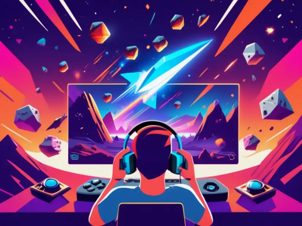 Joven gamer inmerso en intenso juego de asteroides que impacta en la psicología