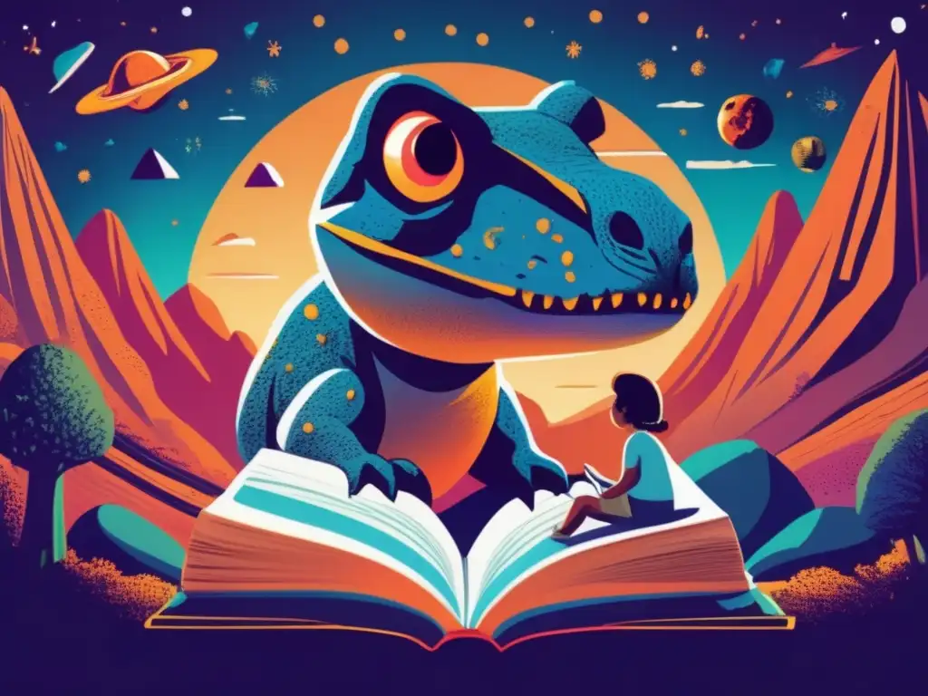 Joven leyendo libro sobre asteroides en una colina verde - Representación asteroides literatura juvenil