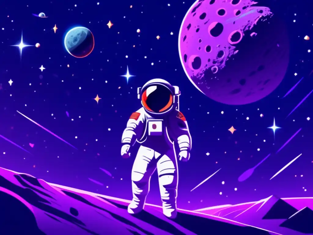 Juego asteroides: astronauta flotando con láser en cosmos púrpura - Psicología videojuegos asteroides impacto