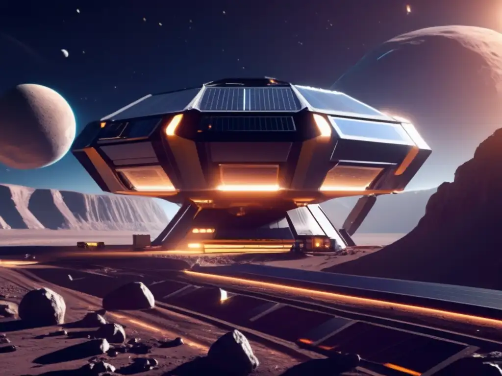 Juegos de minería espacial con asteroides: estación futurista en órbita de un asteroide, tecnología avanzada y emoción