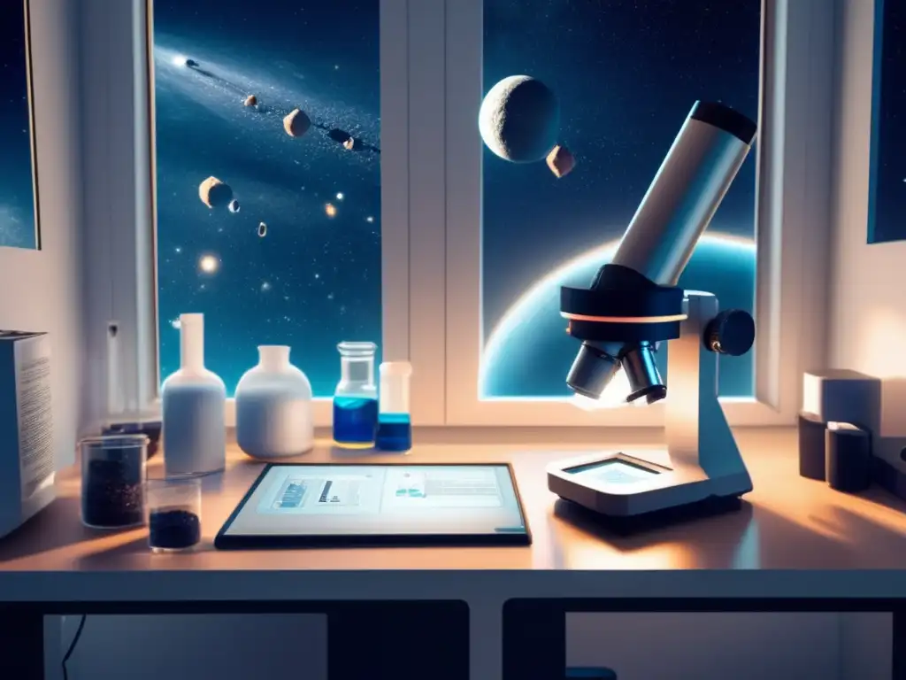 Kit educativo asteroides en casa: laboratorio moderno con microscopio futurista, estudiantes curiosos, experimentos y aprendizaje práctico