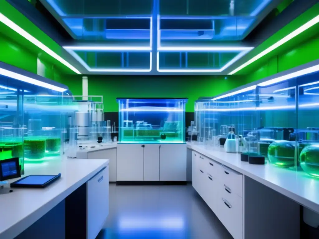 Laboratorio futurista con bioreactor transparente y científicos estudiando microorganismos asteroides para avance farmacéutico