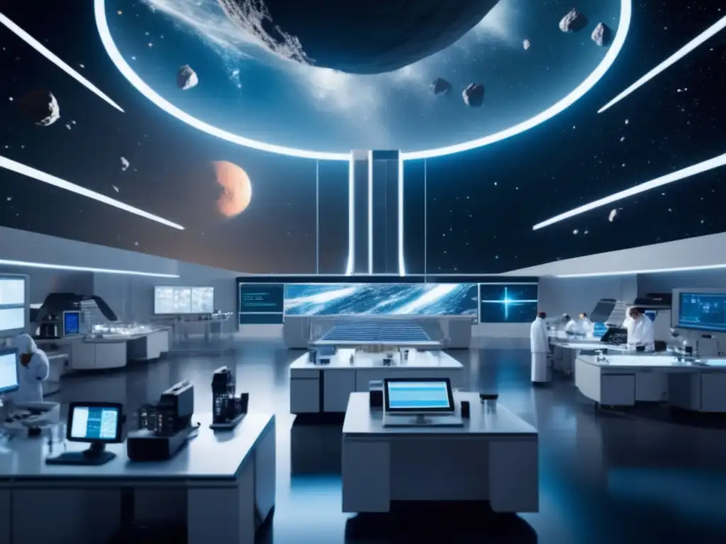 Exploración científica: laboratorio futurista en campo de asteroides
