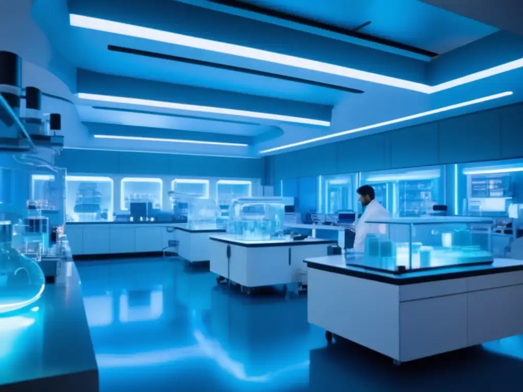 Un laboratorio futurista con equipo médico avanzado y científicos trabajando