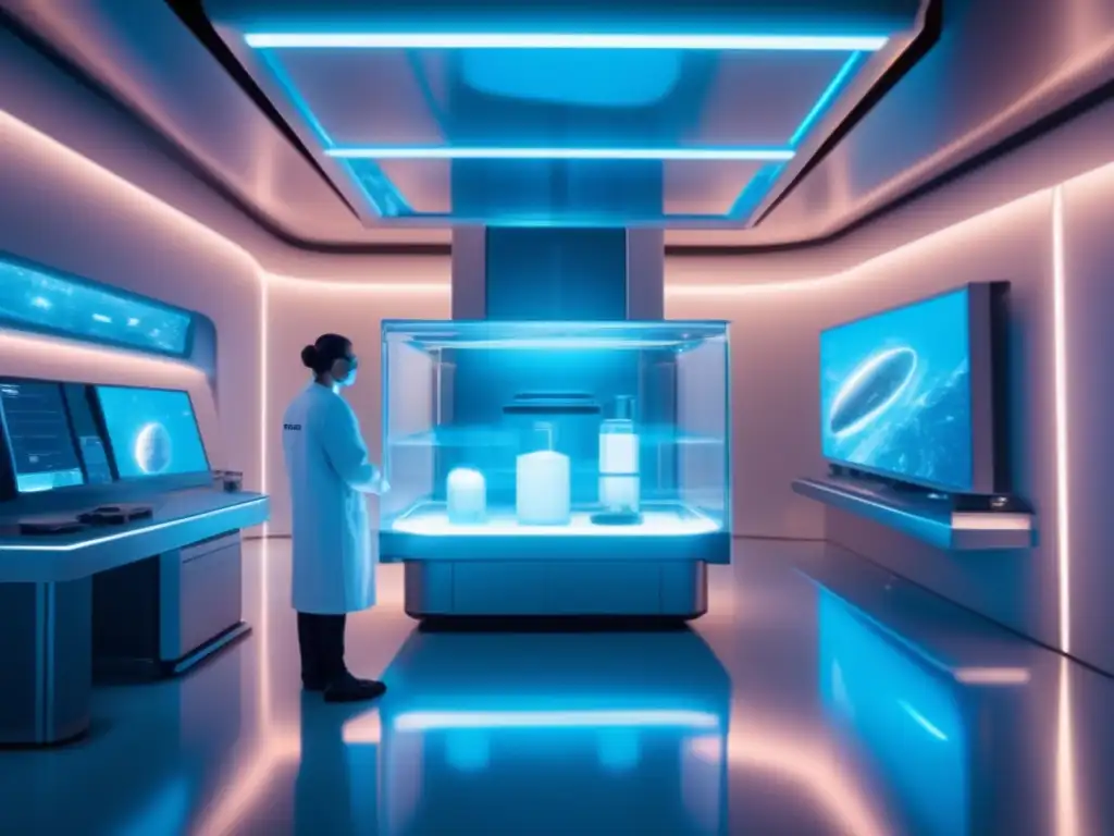 Un laboratorio futurista iluminado en azul con equipamiento moderno y tecnología avanzada