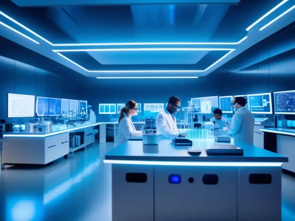 Laboratorio futurista de biomedicina: investigadores trabajando en proyectos innovadores y tecnología avanzada