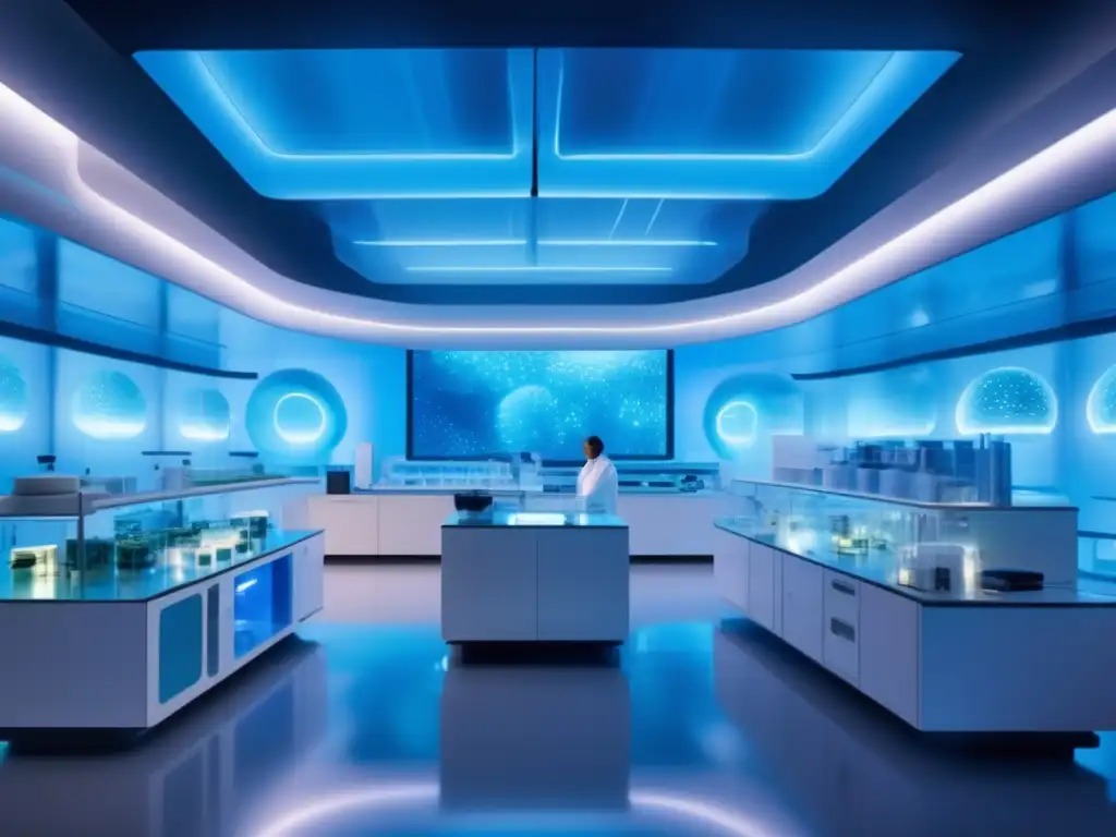 Un laboratorio futurista lleno de equipos científicos avanzados y científicos investigadores en batas blancas
