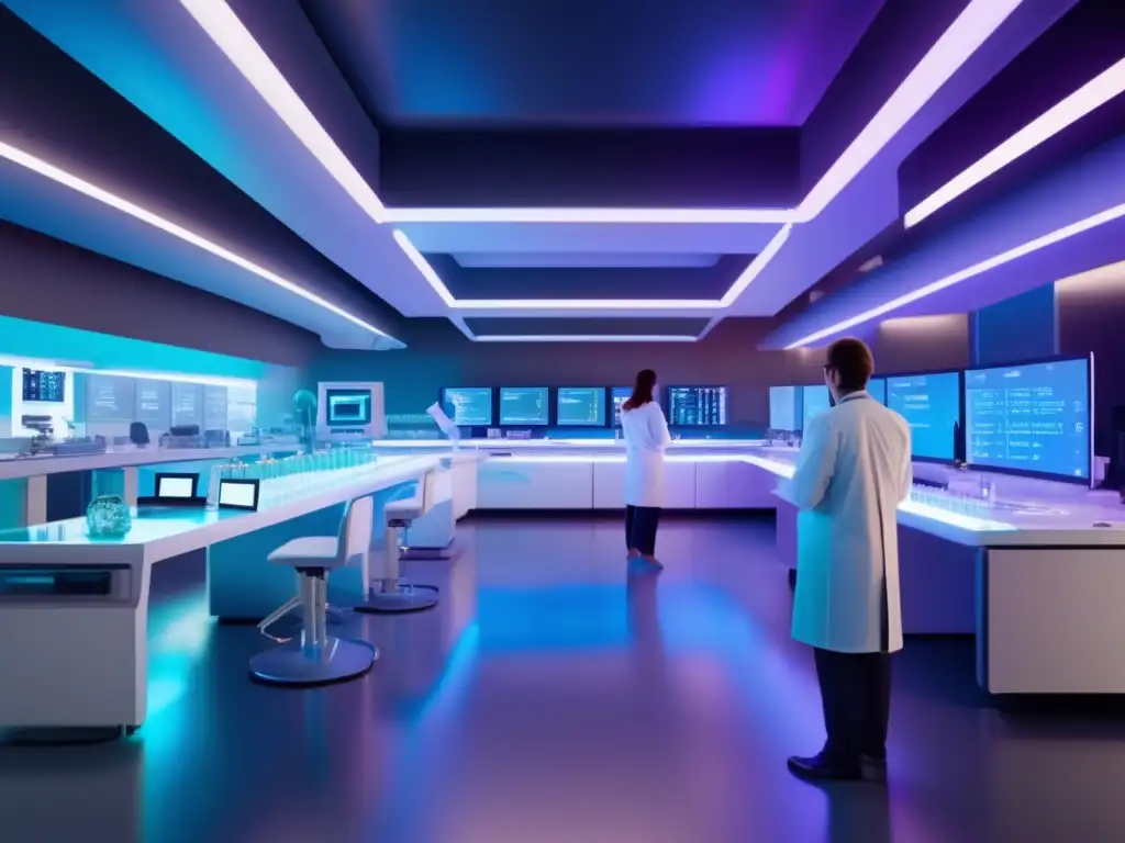 Laboratorio médico futurista con aplicaciones médicas de nanopartículas asteroidales