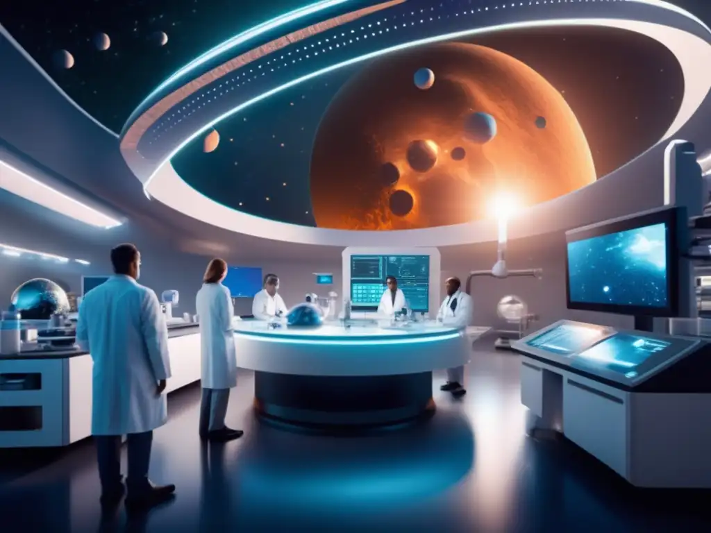 Laboratorio médico futurista en el espacio con investigación de nanotecnología utilizando nanopartículas asteroidales