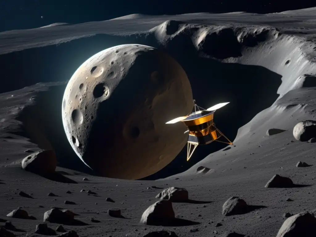 Lecciones interactivas sobre asteroides: Imagen de sonda espacial cerca de asteroide masivo con detalles intrincados