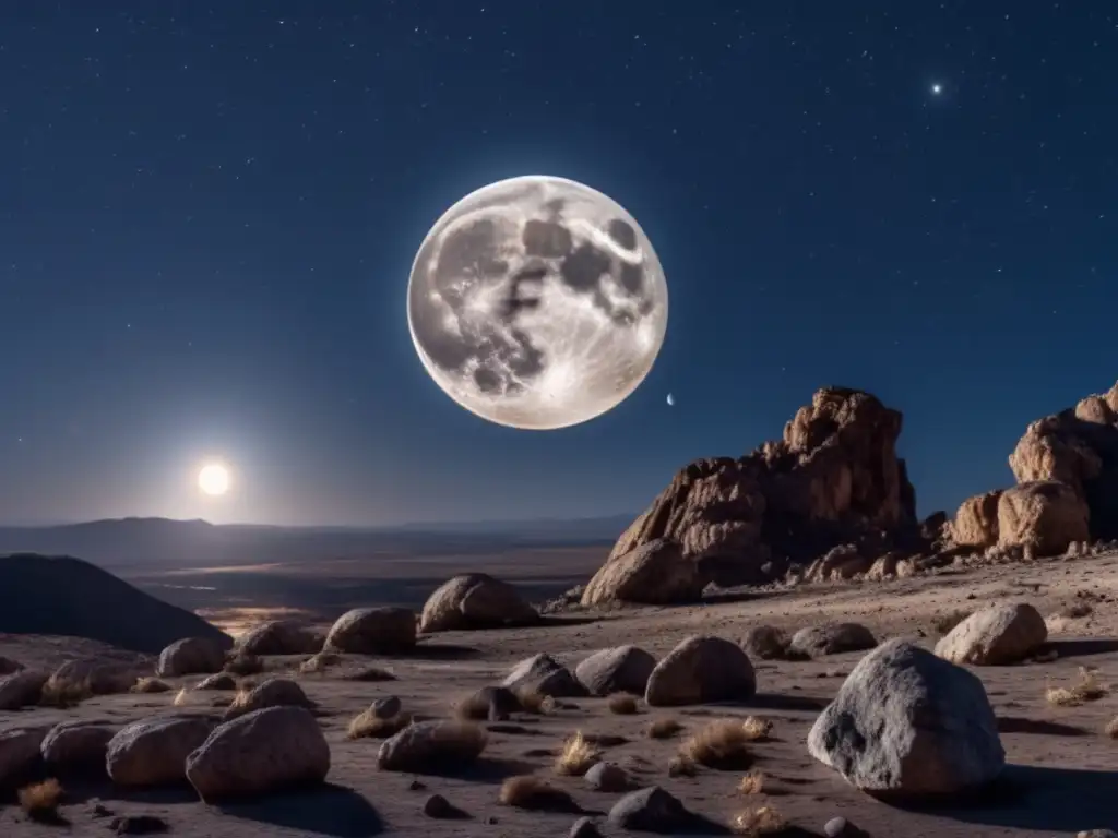 Luna iluminando cielo estrellado, asteroide en trayectoria: Importancia de la Luna en trayectorias asteroides