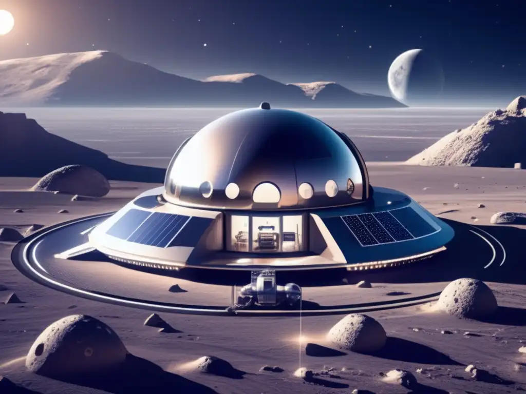 Conexión lunar asteroides basálticos: base lunar futurista, paisaje lunar, astronautas, energía solar, minerales de asteroides