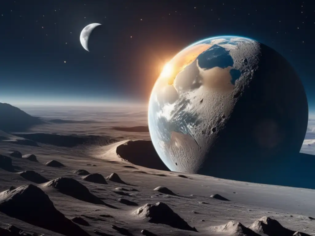 Conexión lunar asteroides basálticos, imagen impresionante de la Tierra y la Luna, estrellas y galaxias, belleza y misterio