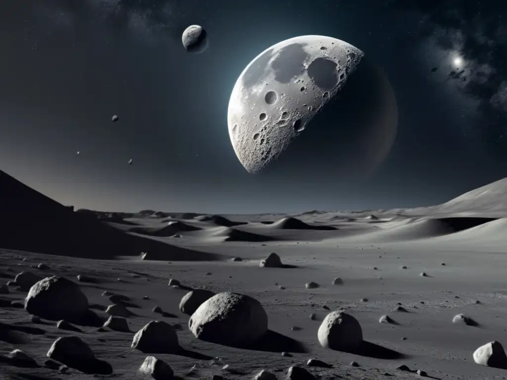 Conexión lunar asteroides basálticos: Impresionante vista de la superficie lunar con paisaje vasto y asteroides flotando