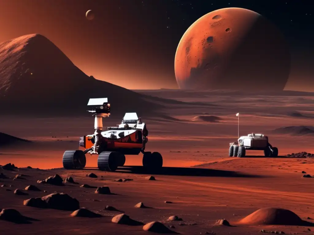 Misión: Lunas de Marte - Excitante imagen cinematográfica de paisaje marciano con los satélites Phobos y Deimos
