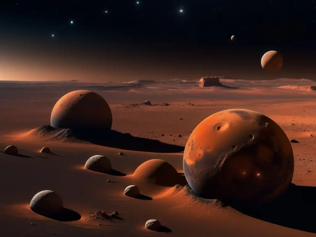 Misión explorar lunas Marte: imagen detallada del espacio con Marte en el fondo y las lunas Phobos y Deimos en primer plano