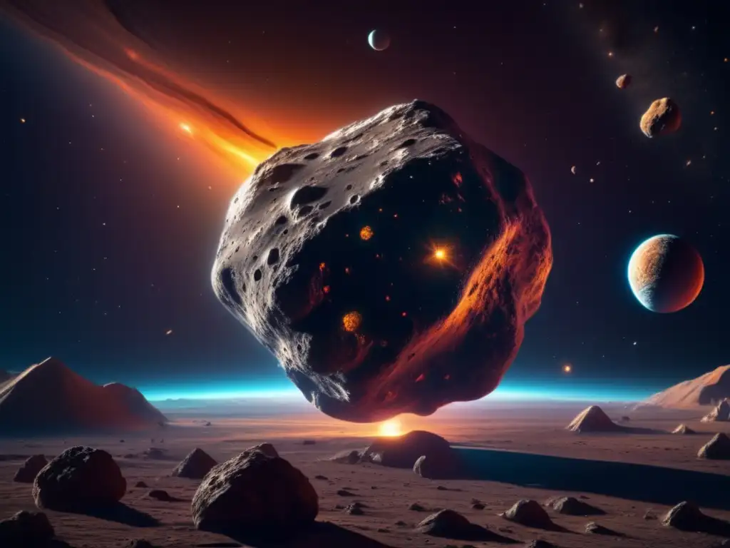 Majestuosa imagen 8K de un asteroide flotando en el espacio, destacando su composición y ciclo de vida