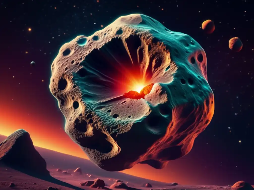 Un majestuoso asteroide en el espacio con vida extraterrestre, formaciones peculiares y colores vibrantes