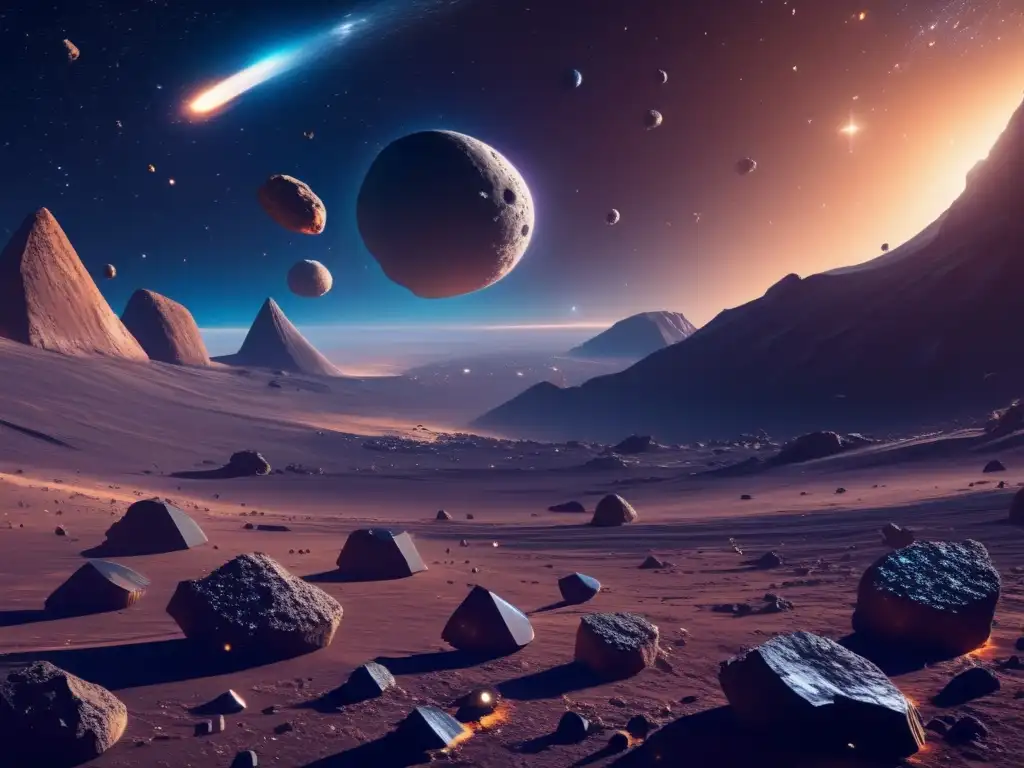 Majestuoso paisaje espacial con asteroides, texturas únicas y nave minera futurista