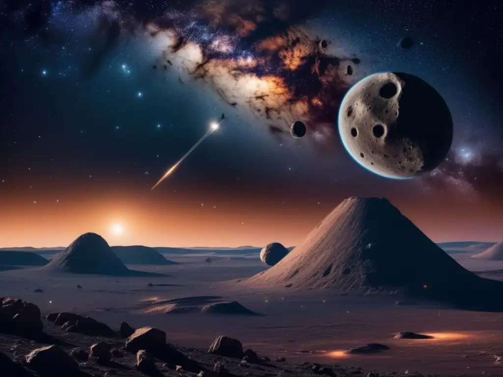 Exploración y mapeo de asteroides: El asombroso cosmos con un majestuoso asteroide y fragmentos flotantes