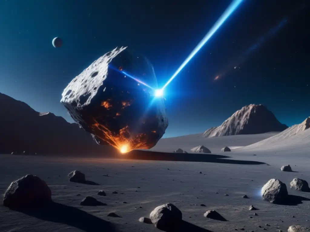 Mapeo detallado de superficies de asteroides: nave espacial futurista escanea asteroide con precisión