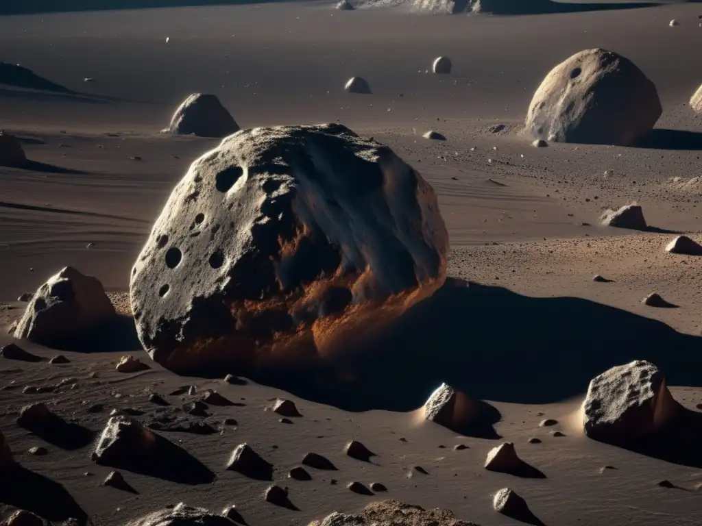 Mapeo detallado de superficies de asteroides, texturas y cráteres en una imagen 8k de alta resolución