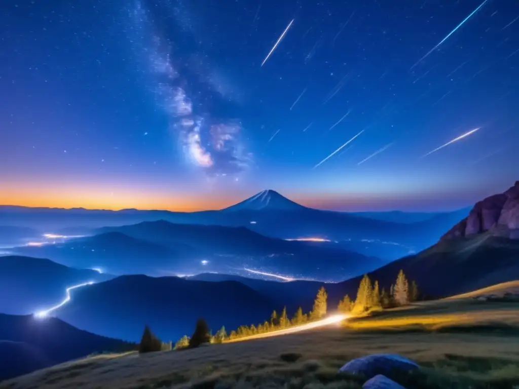 Maravillosa imagen 8k de fenómenos de meteoros luminosos en el cielo nocturno, con estelas radiantes y montañas silueteadas