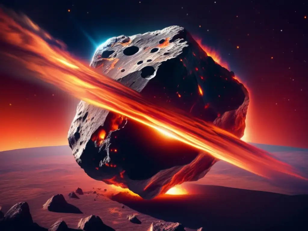 Masivo asteroide en ruta hacia la Tierra, con detalles impactantes de su superficie rugosa y tamaño imponente