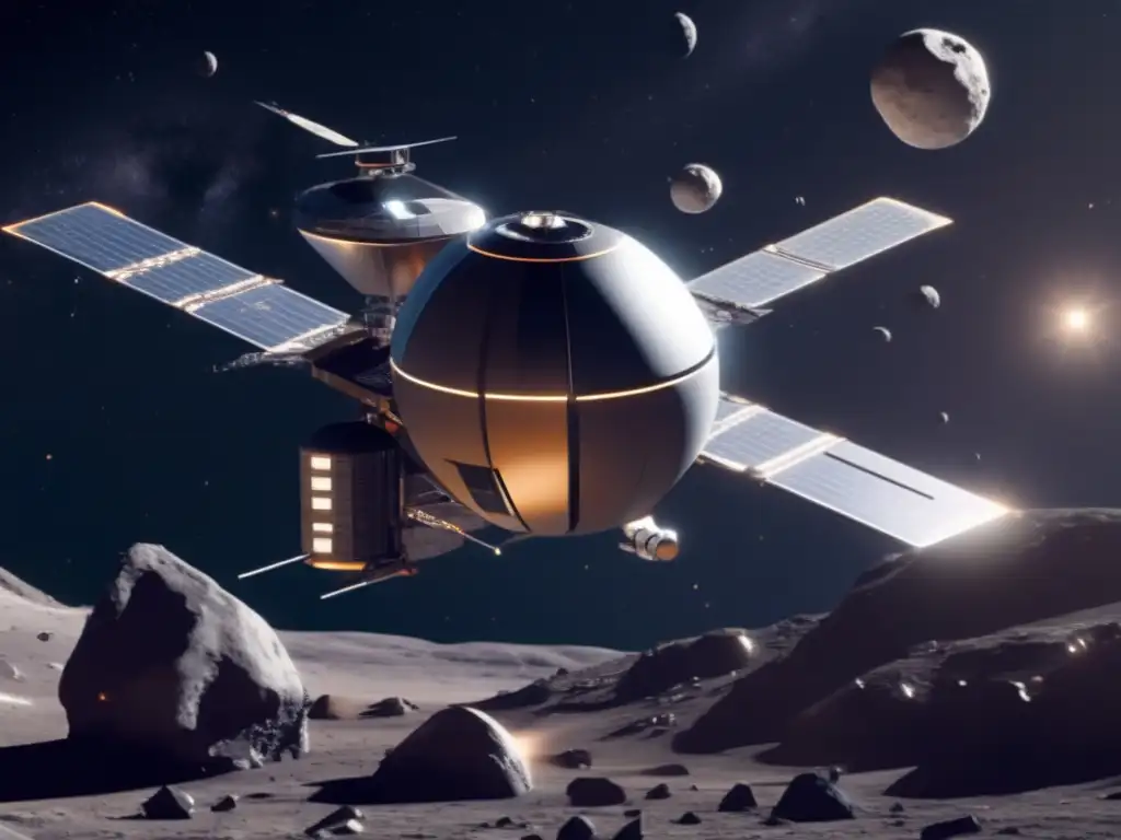 Materiales asteroides reutilización: Estación espacial futurista orbitando asteroide, con brazos robóticos y mineros avanzados