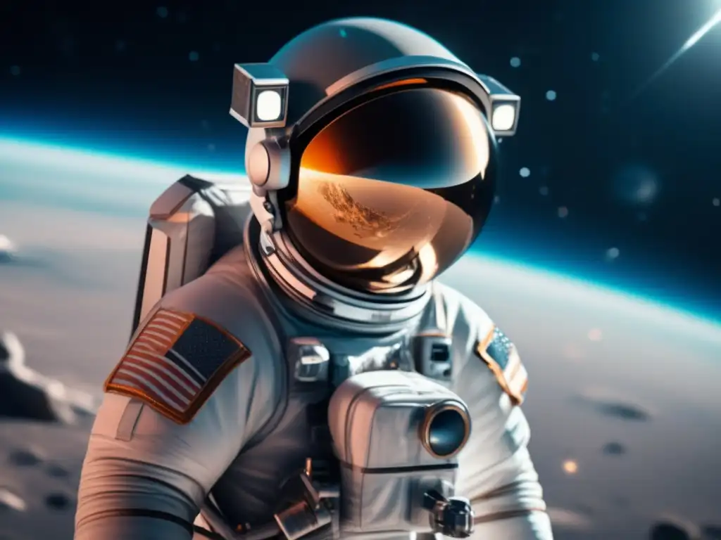 Materiales reutilizables en el espacio: astronauta flotando en traje espacial futurista rodeado de naves y satélites, con la Tierra de fondo