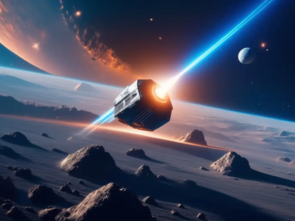 Tecnología láser para extraer metales de asteroides: nave espacial futurista corta asteroide, revelando minerales