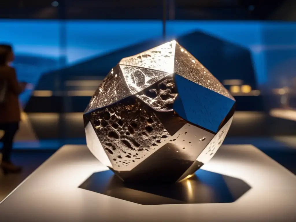 Meteorito en museo, texturas e iluminación resaltan su belleza y significado científico
