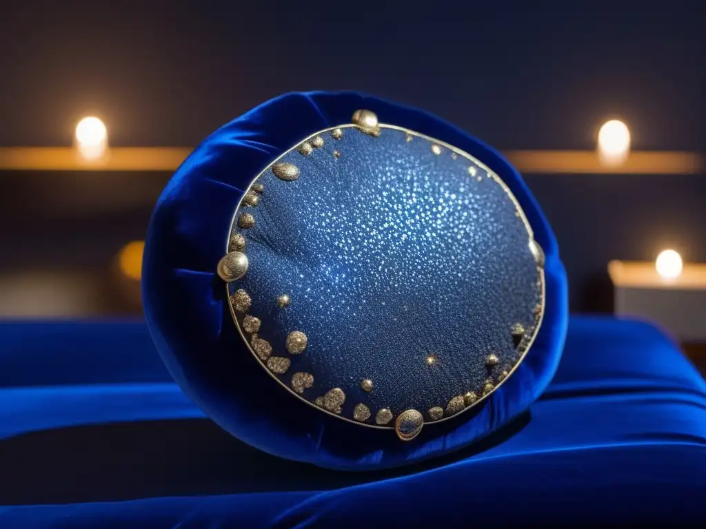 Meteorito sagrado sobre cojín azul: Veneración de objetos sagrados