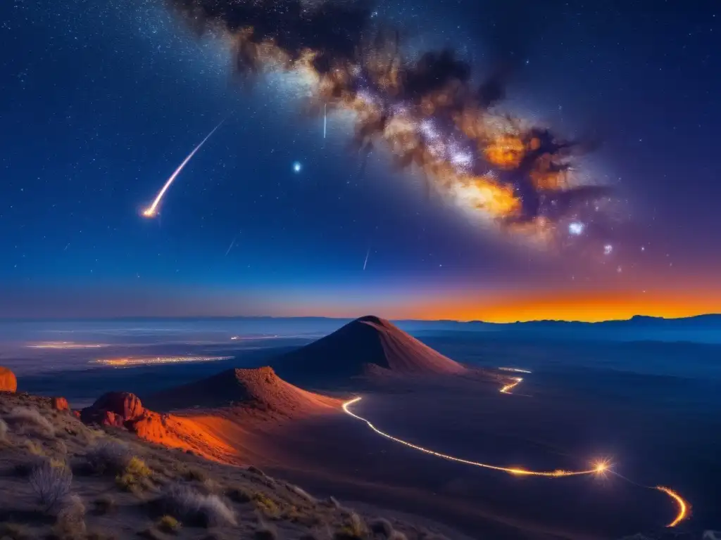 Meteorito impactando la Tierra: imagen nocturna con estrellas y fragmentos en llamas diseminándose
