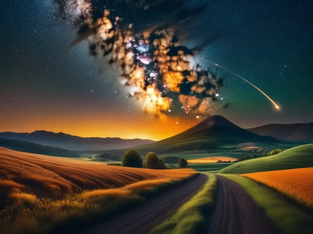 Meteorito impactando Tierra, paisaje nocturno 8k con estrellas y campo verde