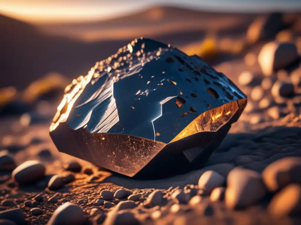 Meteorito vida otros planetas: Imagen 8K impresionante de un meteorito en terreno rocoso, con detalles intrincados y textura rugosa