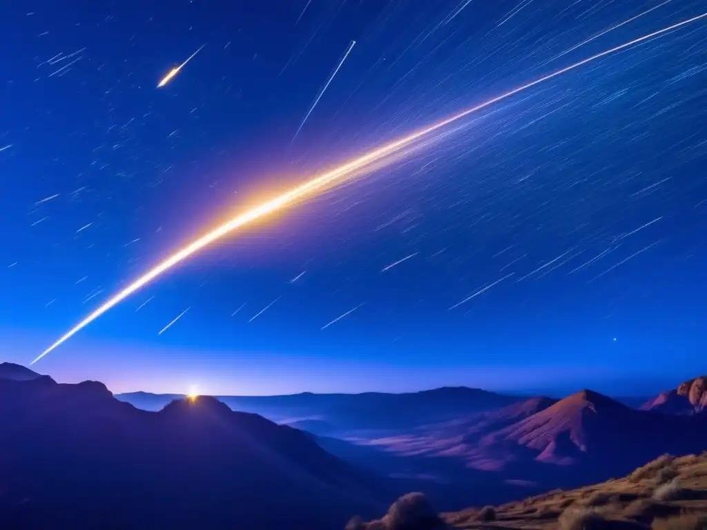 Conexión meteoritos asteroides origen: Deslumbrante imagen de lluvia de meteoritos en el cielo nocturno, con estelas doradas y colores vibrantes