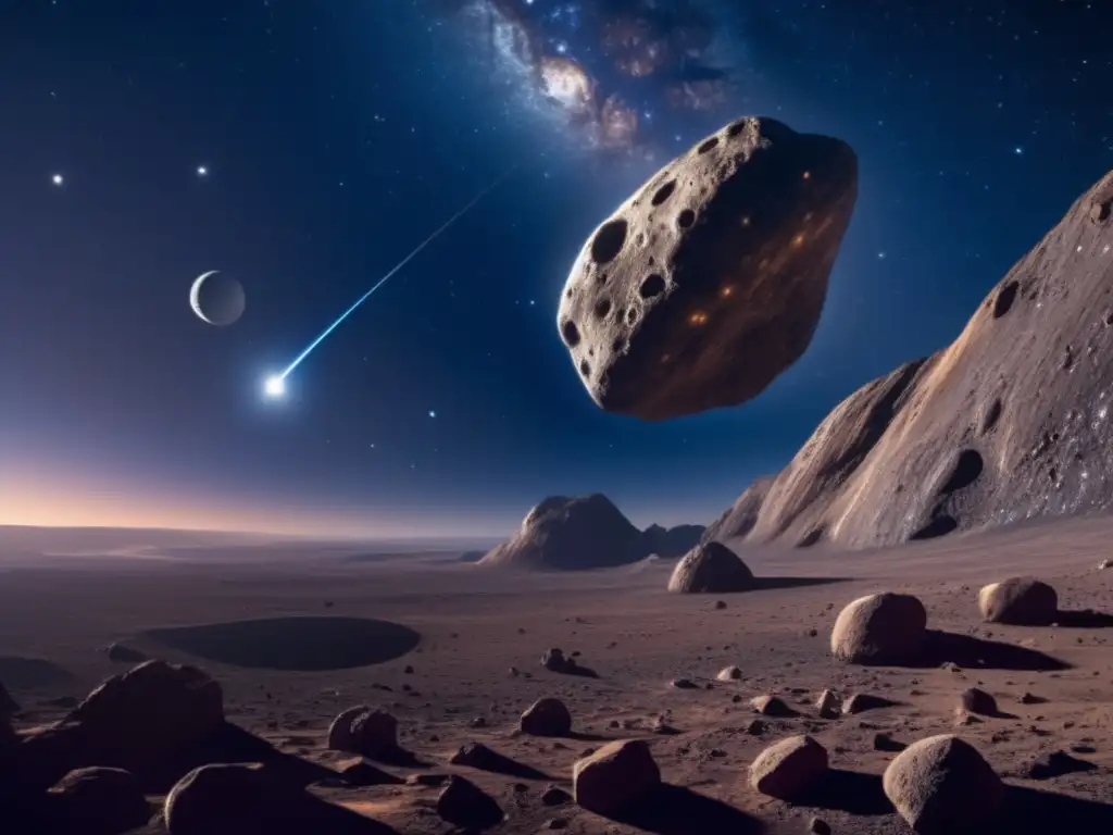 Conexión meteoritos asteroides origen: Imagen detallada de una noche estrellada con un asteroide rocoso en primer plano