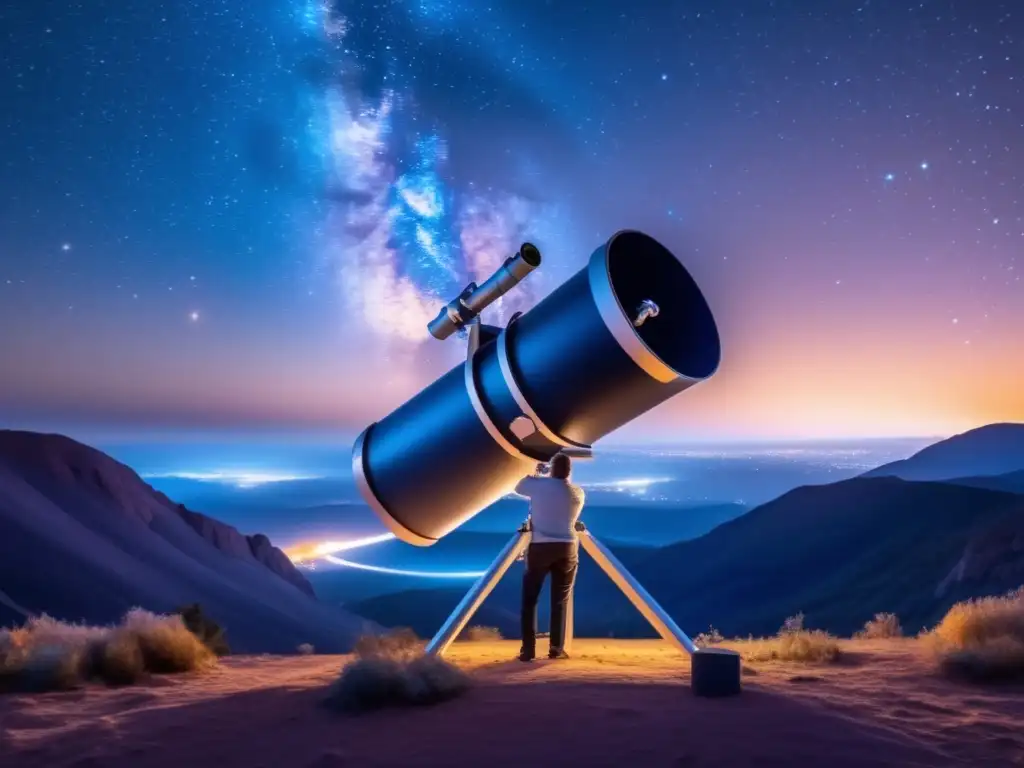 Conexión meteoritos asteroides origen: Noche estrellada con astrónomo y telescopio en primer plano, reflejando la belleza del universo