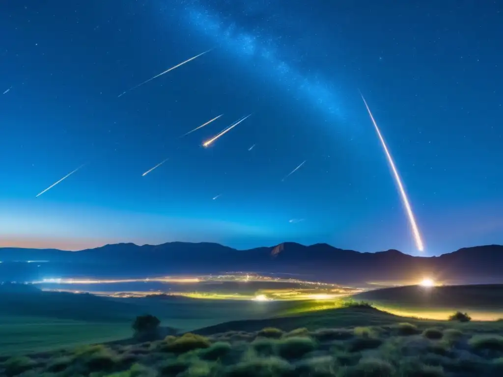 Meteoritos en cultura popular: espectáculo celestial impresionante y poder destructivo, con estrellas fugaces y paisaje sereno