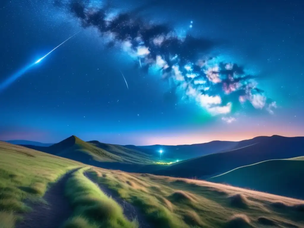 Guía para identificar meteoros nocturnos: noche estrellada con meteorito brillante y paisaje silueteado de colinas